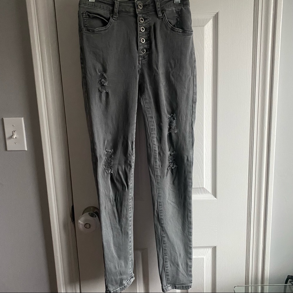 Grey high rise distressed jeans